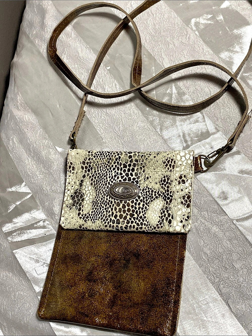 Double Pocket Animal Print Crossbody Bag in Gold, Brown & Cream